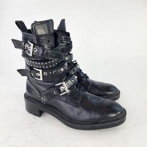 Zara women's Black Leather Strappy Studded Biker Boots US 7.5 Buckle Moto Boot